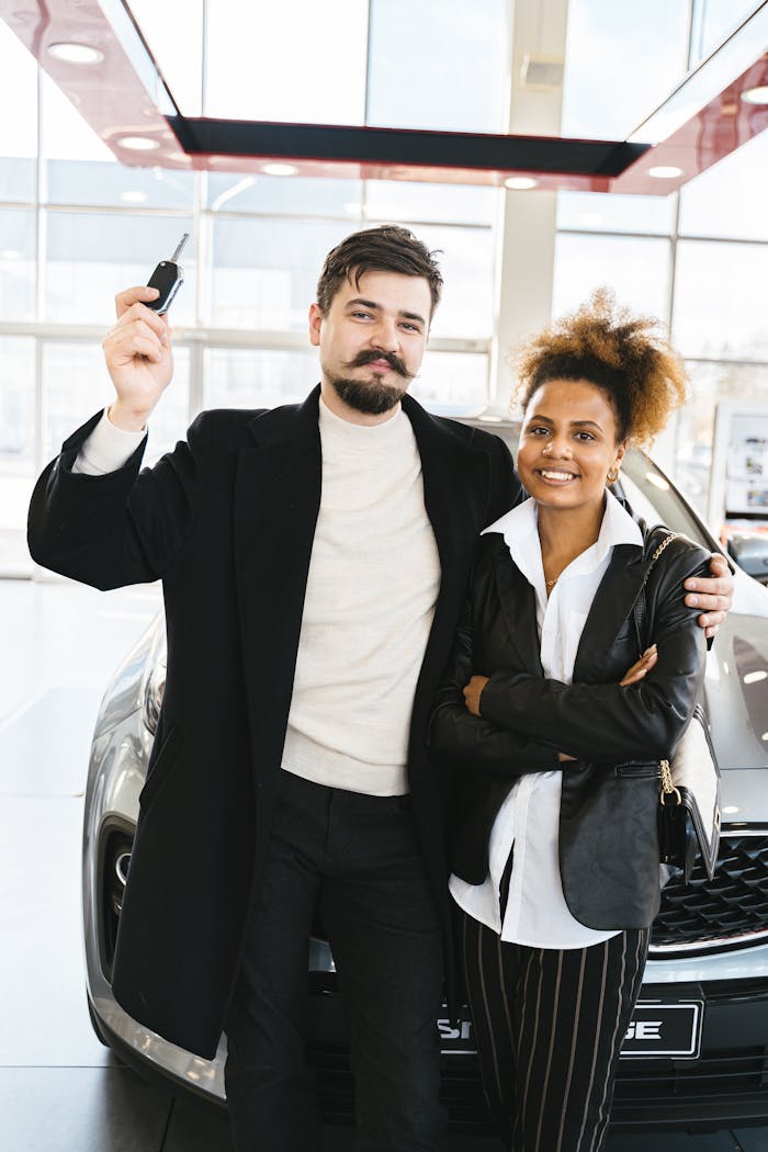 The Art of Drawing Readers In: Your attractive post title goes here Interracial couple celebrating new car purchase at dealership, holding car keys happily.